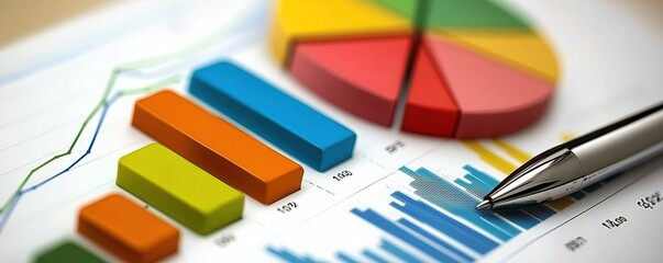 Data analysis insights colorful pie charts and bar graphs on an economic report in a professional office setting