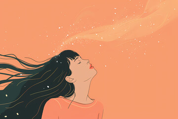 A serene young woman with long black hair exhales sparkling wisps into a warm, peach-colored background.