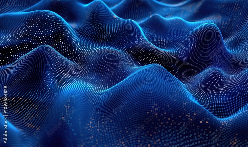 Poster 3d wave pattern visualization, abstract digital landscape with blue glowing dots, smooth curves, and