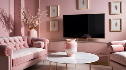 A flat-screen television, LCD, television mockup. Interior mockup with house background. Modern interior design. Best room decorating ideas	
