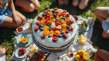 Ice Cream and Outdoor Seating. A colorful cake adorned with fresh fruits, surrounded by people enjoying a picnic on the grass, capturing a joyful outdoor gathering.