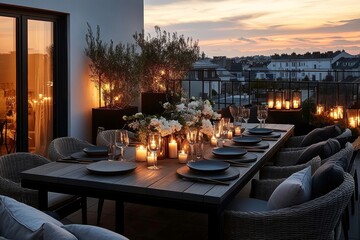 Elegant rooftop patio with festive table setting for romantic dinner under the city lights