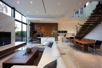 The image showcases a luxurious modern living room with high ceilings, large windows, a stylish staircase, elegant furniture, a dining area, and a seamless connection to an outdoor tropical view.
