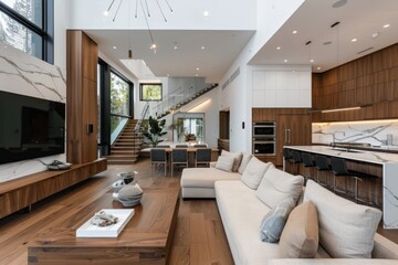 Fototapeta premium The image showcases a luxurious modern living room with high ceilings, large windows, a stylish staircase, elegant furniture, a dining area, and a seamless connection to an outdoor tropical view.