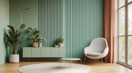 Minimalist Living Room with Green Striped Wall Light Gray Chair and Potted Plants