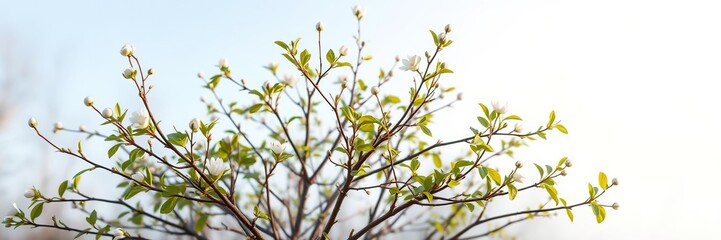 A young tree with a few white flowers and leaves emerging from winter sleep, spring growth, budding trees