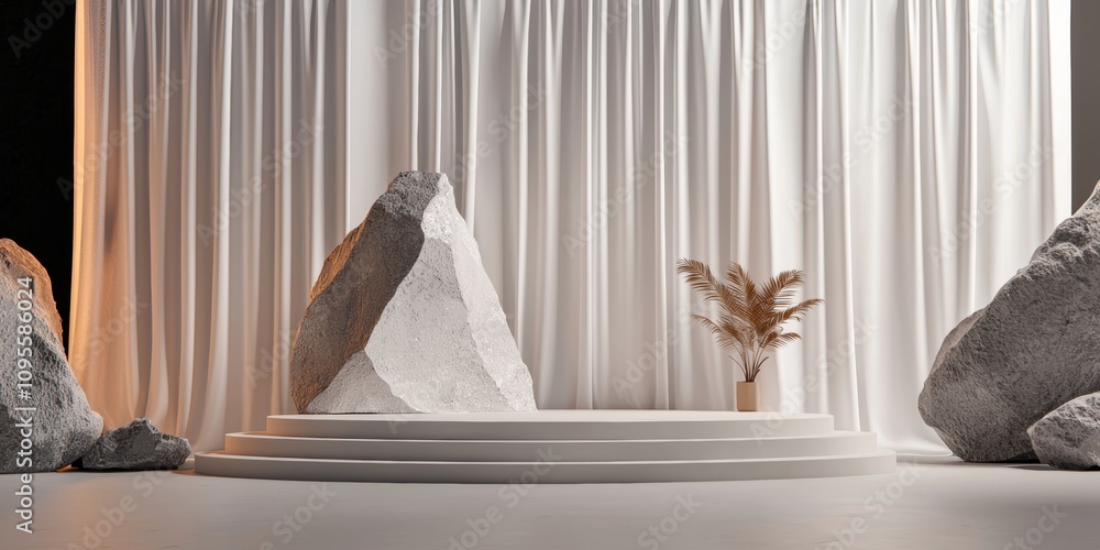 Poster minimalistic stage design with elegant white curtains and natural elements indoor studio event displ