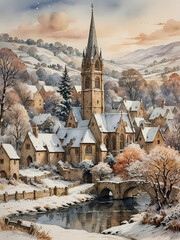 vintage watercolor style painting of a snow covered rural winter scene with a village church surrounded by hills in a winter sunrise