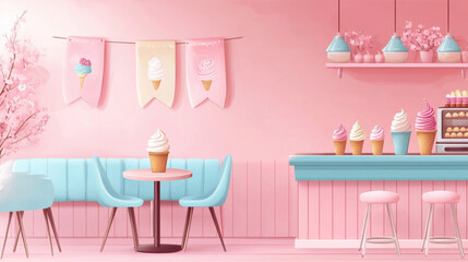Ice Cream and Outdoor Seating. A pastel-themed ice cream shop featuring pink and blue decor, a cozy seating area, and an array of colorful ice cream treats.