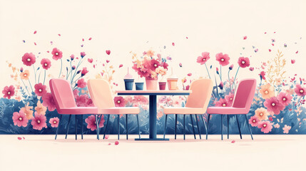 Ice Cream and Outdoor Seating. A charming cafe setting with pink chairs around a table, surrounded by vibrant flowers, creating a cozy and inviting atmosphere.