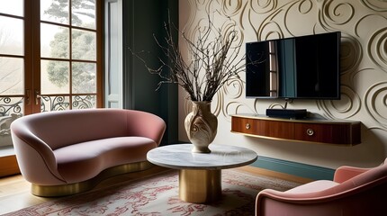 A flat-screen television, LCD, television mockup. Interior mockup with house background. Modern interior design. Best room decorating ideas	
