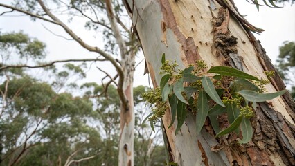 Fototapeta premium Close-up of a eucalyptus tree's trunk showing the layers of bark peeling off with new growth emerging from the wounds, forest, outdoor, leafy branches, tree trunk