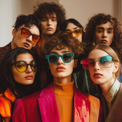 A diverse group of fashion models wearing trendy sunglasses and colorful outfits pose confidently at London Fashion Week, showcasing modern style and flair.