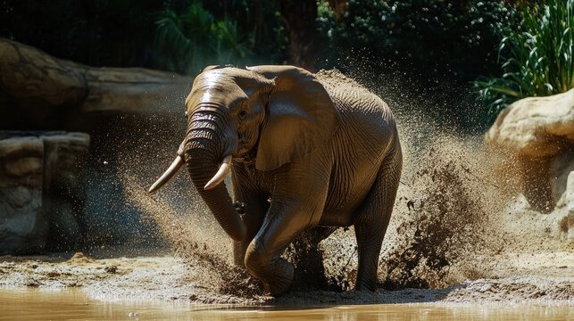 A large African elephant runs through a mud puddle, kicking up water and mud.
