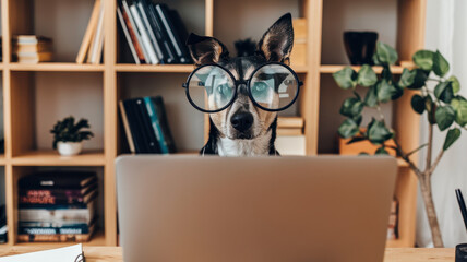 A smart-looking dog with glasses is intently studying a laptop in a cozy home office setting, surrounded by books and greenery.