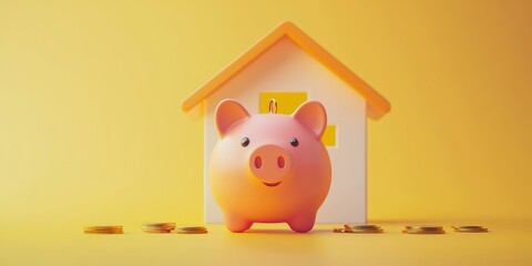 Saving money for future goals piggy bank with roof and coins in bright environment