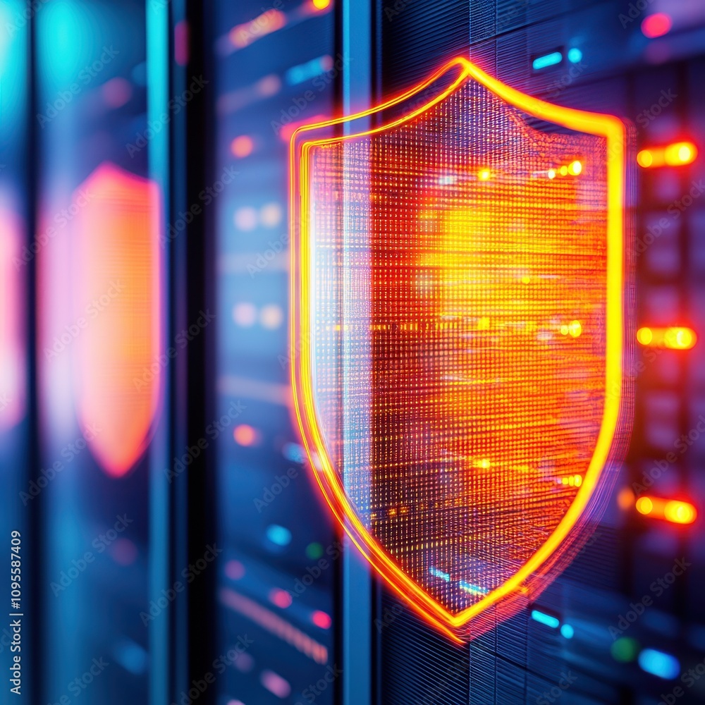 Poster concept of building cyber resilience for it infrastructure. digital shield icon glowing in a server 