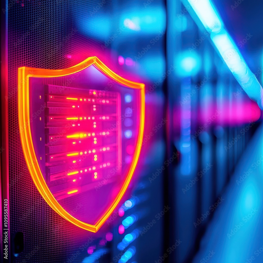 Poster concept of building cyber resilience for it infrastructure. neon shield symbolizing cybersecurity in