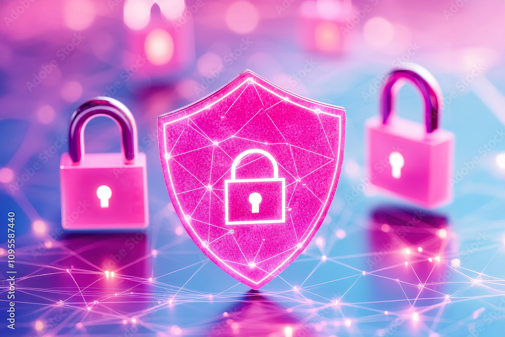 Poster concept of building cyber resilience for it infrastructure. digital shield with padlocks symbolizes 