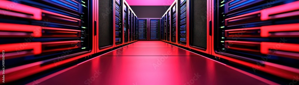 Poster concept of building cyber resilience for it infrastructure. futuristic data center with vibrant ligh