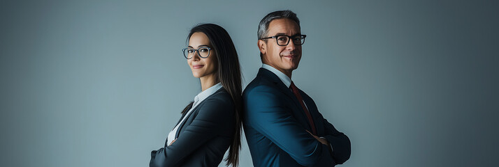 A professional businessman and a female doctor stand confidently back to back. They embody success, teamwork, and collaboration in a corporate and medical setting, showcasing professionalism and trust