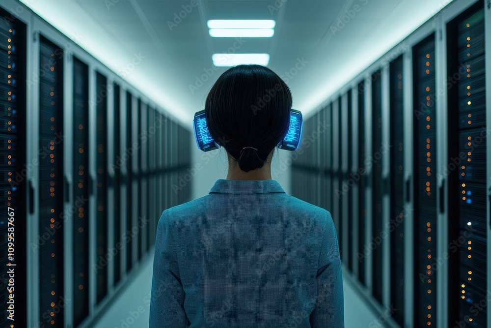 Poster concept of building cyber resilience for it infrastructure. person with headphones stands in a data 
