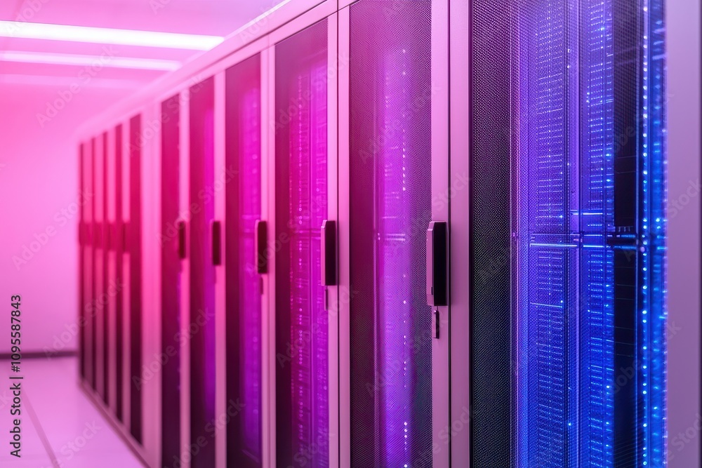 Poster concept of building cyber resilience for it infrastructure. modern data center with vibrant lighting