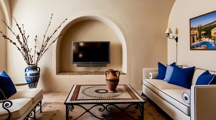 A flat-screen television, LCD, television mockup. Interior mockup with house background. Modern interior design. Best room decorating ideas	
