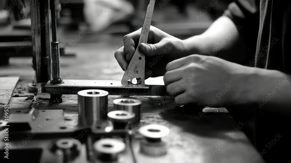 Aufkleber Close-up of a Worker's Hands Using a Ruler and Measuring Tool in a Workshop Setting