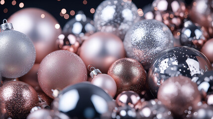 A pile of metallic glass ornaments, with glitter on them in large and small sizes, Christmas tree toys arranged to create a festive atmosphere for Christmas