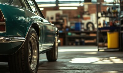Classic car in workshop, vintage vehicle with shiny wheels, garage interior with tools and equipment in background