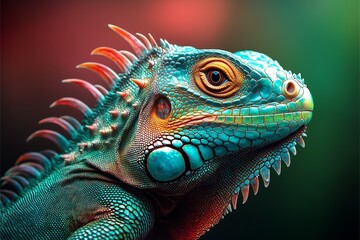 Fototapeta premium Close-up photograph of vibrant iguana with colorful scales and textures against blurred green and red background