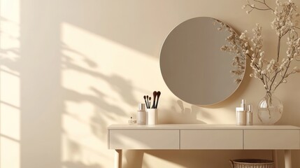 A minimalist vanity table with a round mirror, makeup brushes, and skincare products. There is a vase with dried flowers and a wicker basket. The room is bathed in soft, warm light.