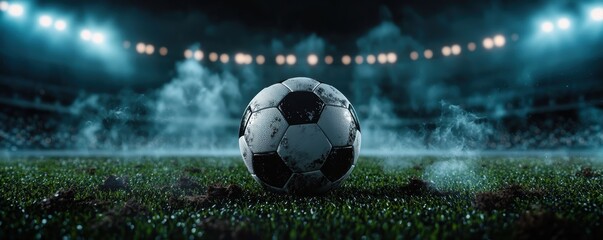 Soccer ball on grass field stadium lights sports photography night game dynamic atmosphere action shot