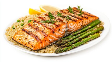 A gourmet grilled salmon fillet served with lemon herb quinoa and roasted asparagus spears, Each salmon's flaky texture and citrusy flavor highlighted