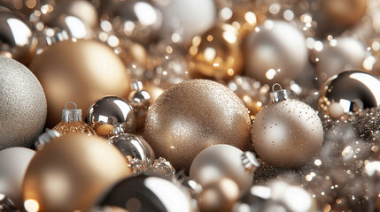 A pile of metallic glass ornaments, with glitter on them in large and small sizes, Christmas tree toys arranged to create a festive atmosphere for Christmas