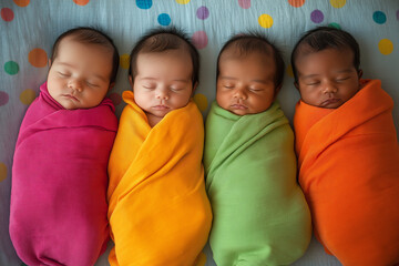Four adorable babies peacefully sleeping in colorful sleep sacks, representing diversity and togetherness in a nursery setting. The infants are swaddled in vibrant fabrics, creating a cozy atmosphere.