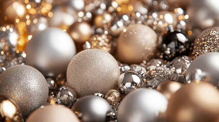A pile of metallic glass ornaments, with glitter on them in large and small sizes, Christmas tree toys arranged to create a festive atmosphere for Christmas