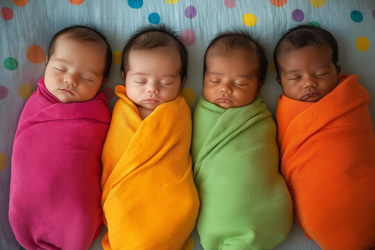 Four adorable babies peacefully sleeping in colorful sleep sacks, representing diversity and togetherness in a nursery setting. The infants are swaddled in vibrant fabrics, creating a cozy atmosphere.