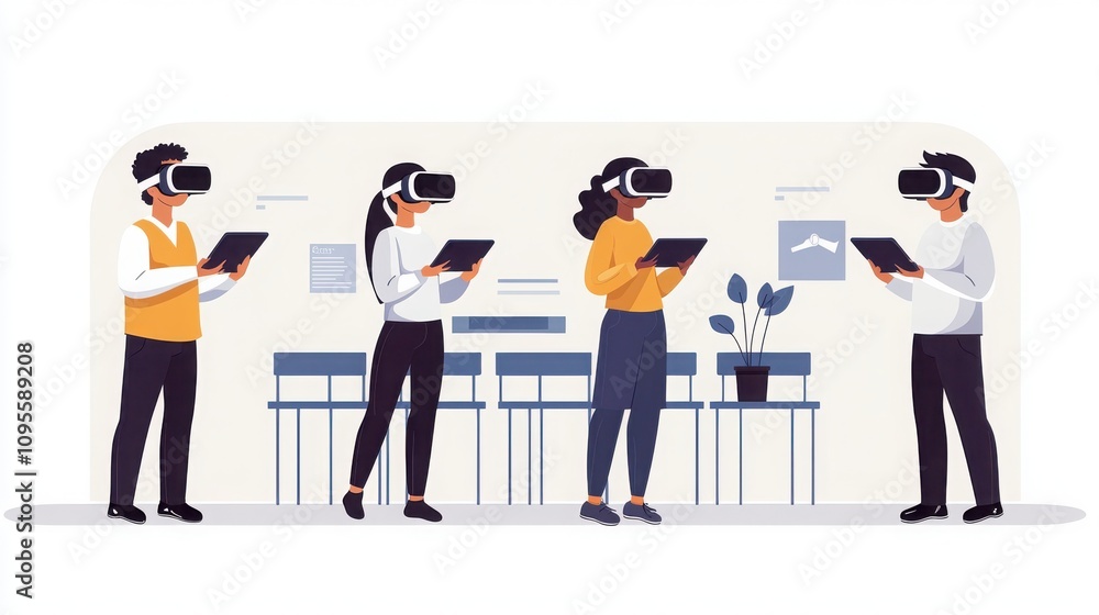 Poster students engaging with tablets and virtual reality classroom setting digital learning modern technol