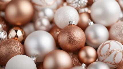 A pile of metallic glass ornaments, with glitter on them in large and small sizes, Christmas tree toys arranged to create a festive atmosphere for Christmas