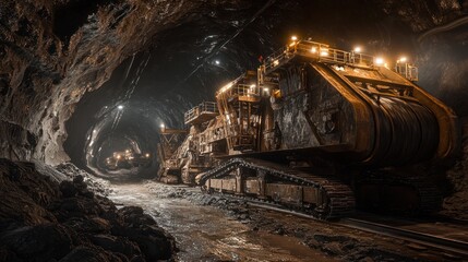 An underground mining scene with heavy machinery, dim industrial lighting, rugged rock walls, and a tunnel extending into the distance, showcasing a gritty and active excavation environment.