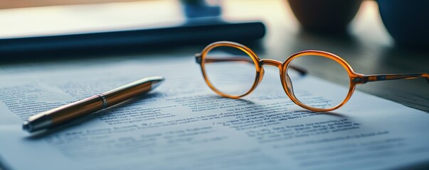 Stimulus impact analysis report with pen and glasses on document in natural light at home workspace