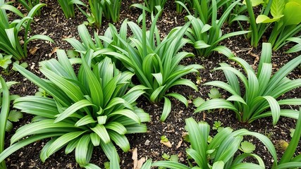 Obraz premium Garden bed with multiple layers of onion green leaves growing amidst other plants, layered composition, greenery