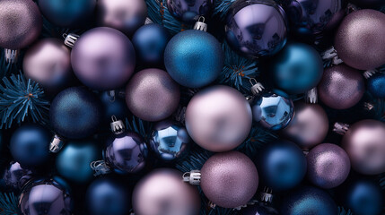 A pile of metallic glass ornaments, with glitter on them in large and small sizes, Christmas tree toys arranged to create a festive atmosphere for Christmas
