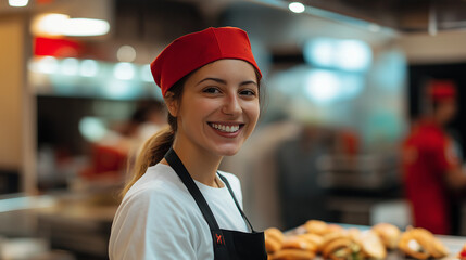A cheerful fast food worker in a red cap and apron, smiling warmly in a restaurant environment with food in the background, showcasing hospitality and customer service.