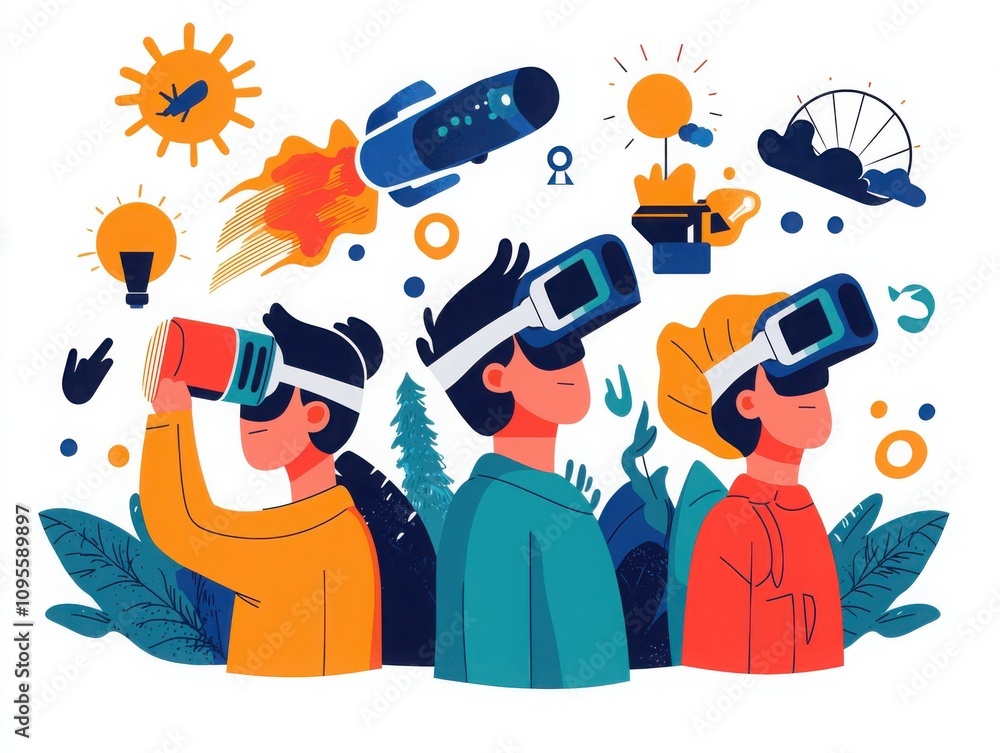 Poster innovative students exploring virtual reality in a bright classroom setting engaging in interactive 
