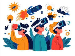 Naklejka premium Innovative students exploring virtual reality in a bright classroom setting engaging in interactive learning digital art educational environment creative perspective