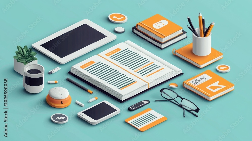 Aufkleber digital learning tools showcase modern workspace digital content minimalist environment flat lay edu