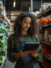 Confident young woman with curly hair using a tablet while working in a modern warehouse. She wears a plaid shirt and denim overalls, surrounded by fresh produce and packed goods on shelves.